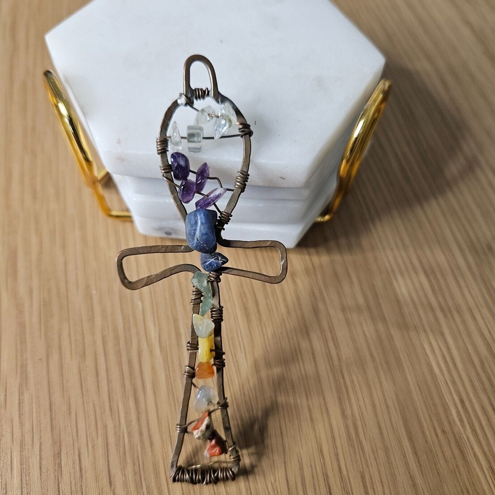 Handmade Wire Wrapped‎ Ankh Pendant Natural Gemstone Chip Copper Tone Spiritual